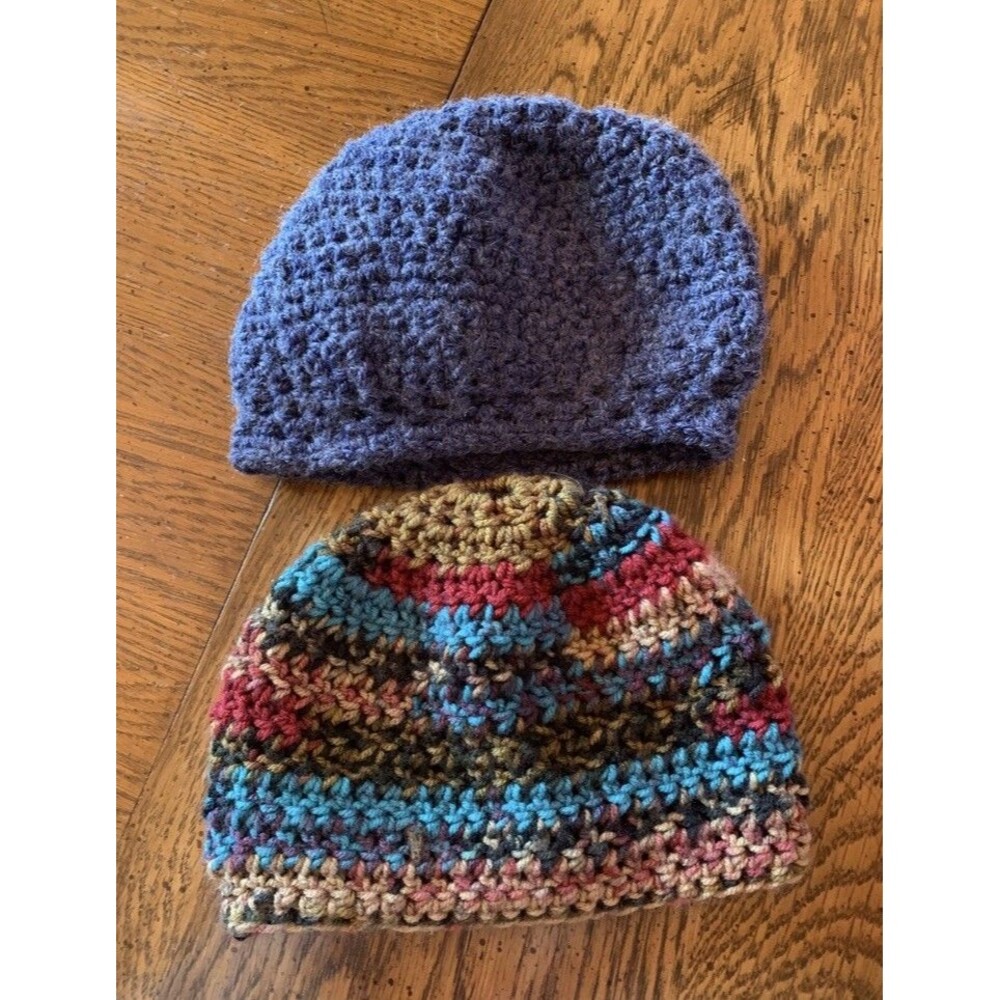 Pair Of Youth Knit Beanies Handknit Artisan Wool Cozy Winter Ski Warm